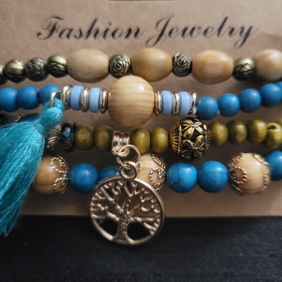 Boho tree of life layered beaded 4 pack bracelets l, teal blue, tan, gold charm - Picture 3 of 3